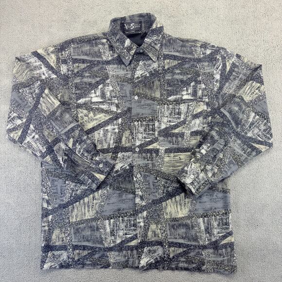 Vintage Alan Stuart Button Up Shirt Mens Medium Black Abstract Long Sleeve Rayon - Picture 1 of 6